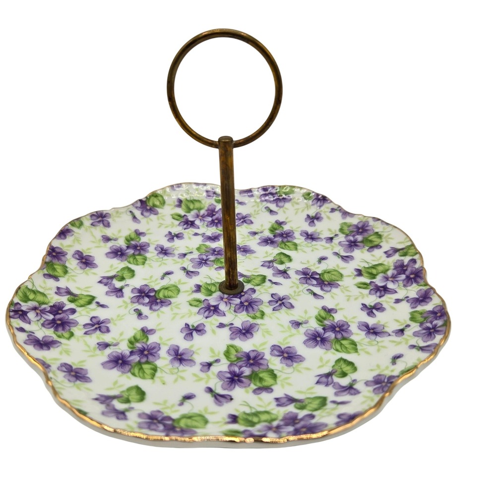 Vtg 50s Lefton China Violet Chintz 651V Tidbit Tray Hand-Painted Candy Ring Dish